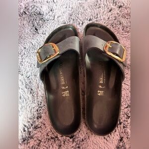 Birkenstock Navy Madrid Big Buckle Leather Sandals with Gold Accents